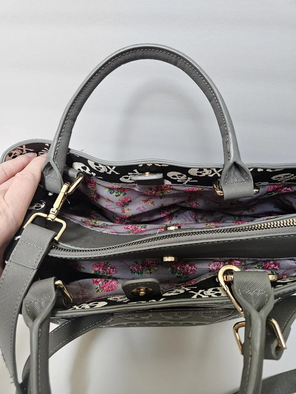 Betsey Johnson Charcoal Gray Embossed Skull Satchel Handbag Purse